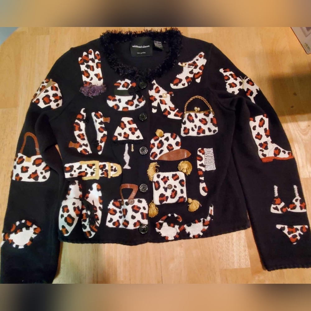 MICHAEL SIMON Vintage Leopard Animal Print Embroidered Cardigan Ugly Sweater M